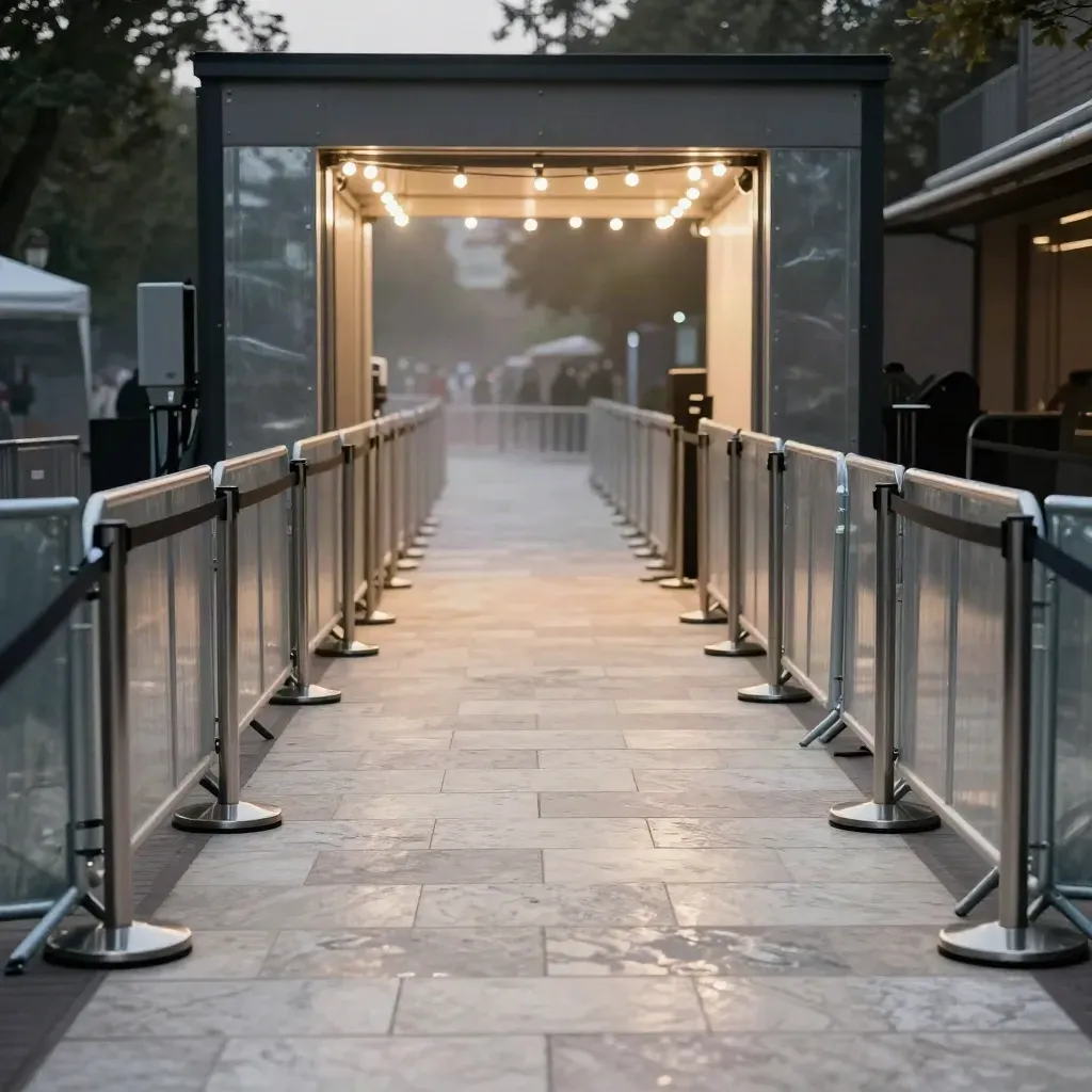 Empty event queue lane with barriers, stanchions and lit arch in evening haze.