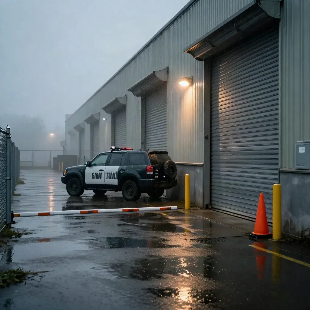 Rain-slicked warehouse gate with patrol SUV, CCTV mast, bollards, and orange cones at dawn.