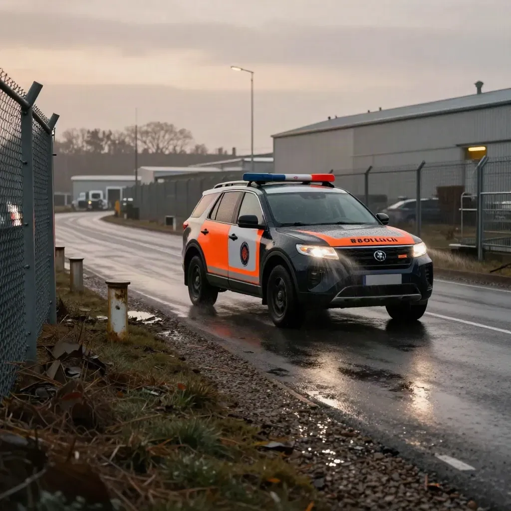 Patrol SUV sweeps a wet service road beside chain-link fencing in rain.