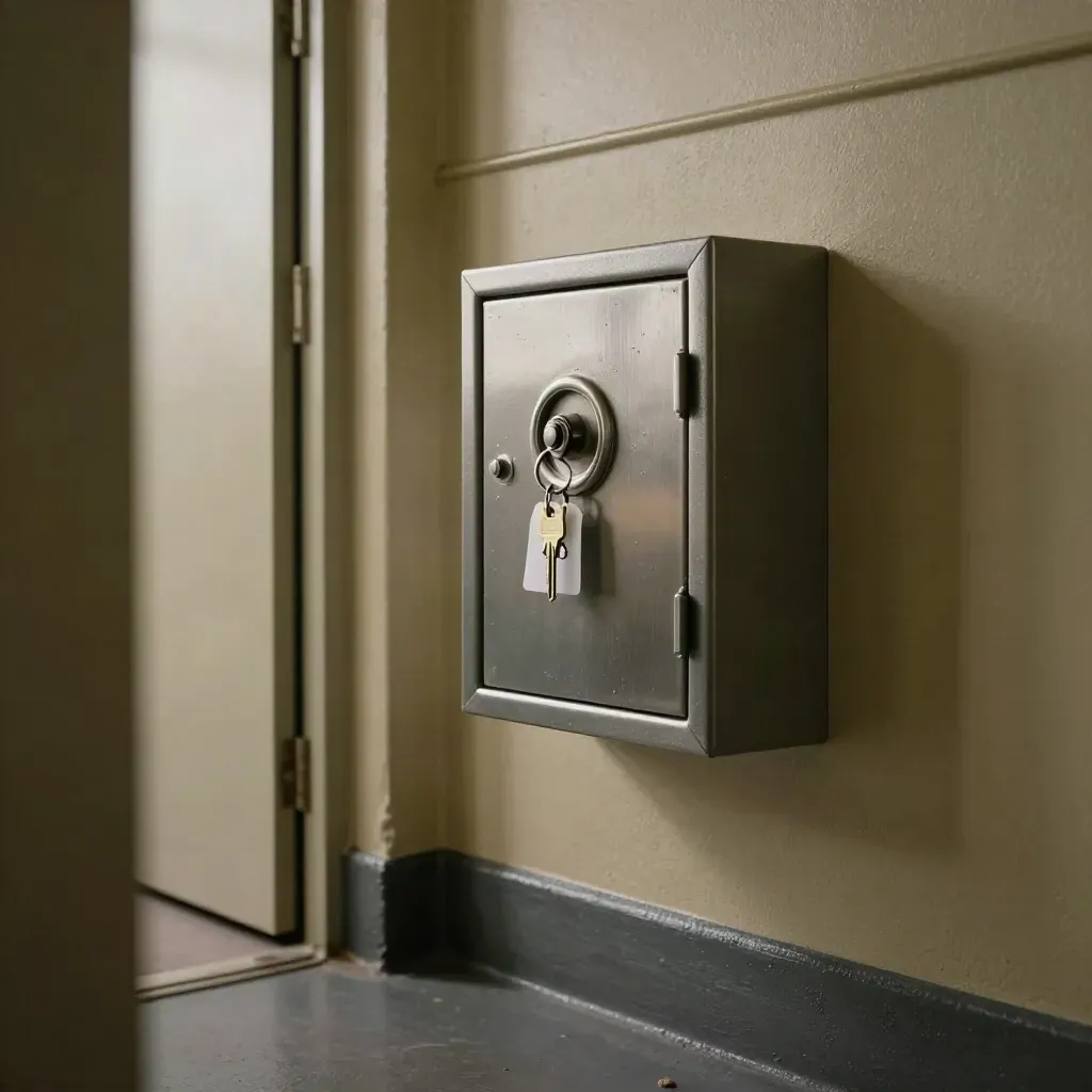 Wall-mounted key safe beside a plant-room door with brass key ring and sealed tags.