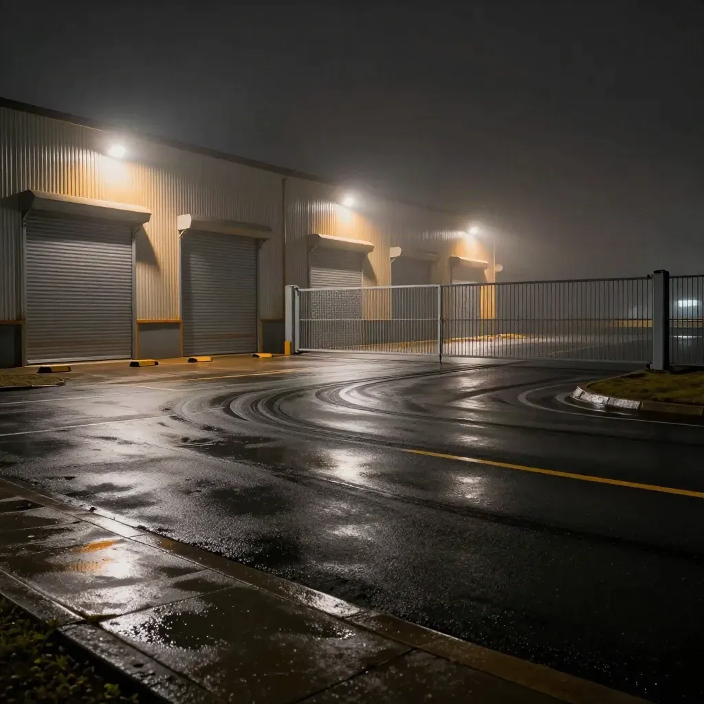 Empty warehouse yard at night with locked shutters, closed gate, floodlights and mist on wet asphalt.