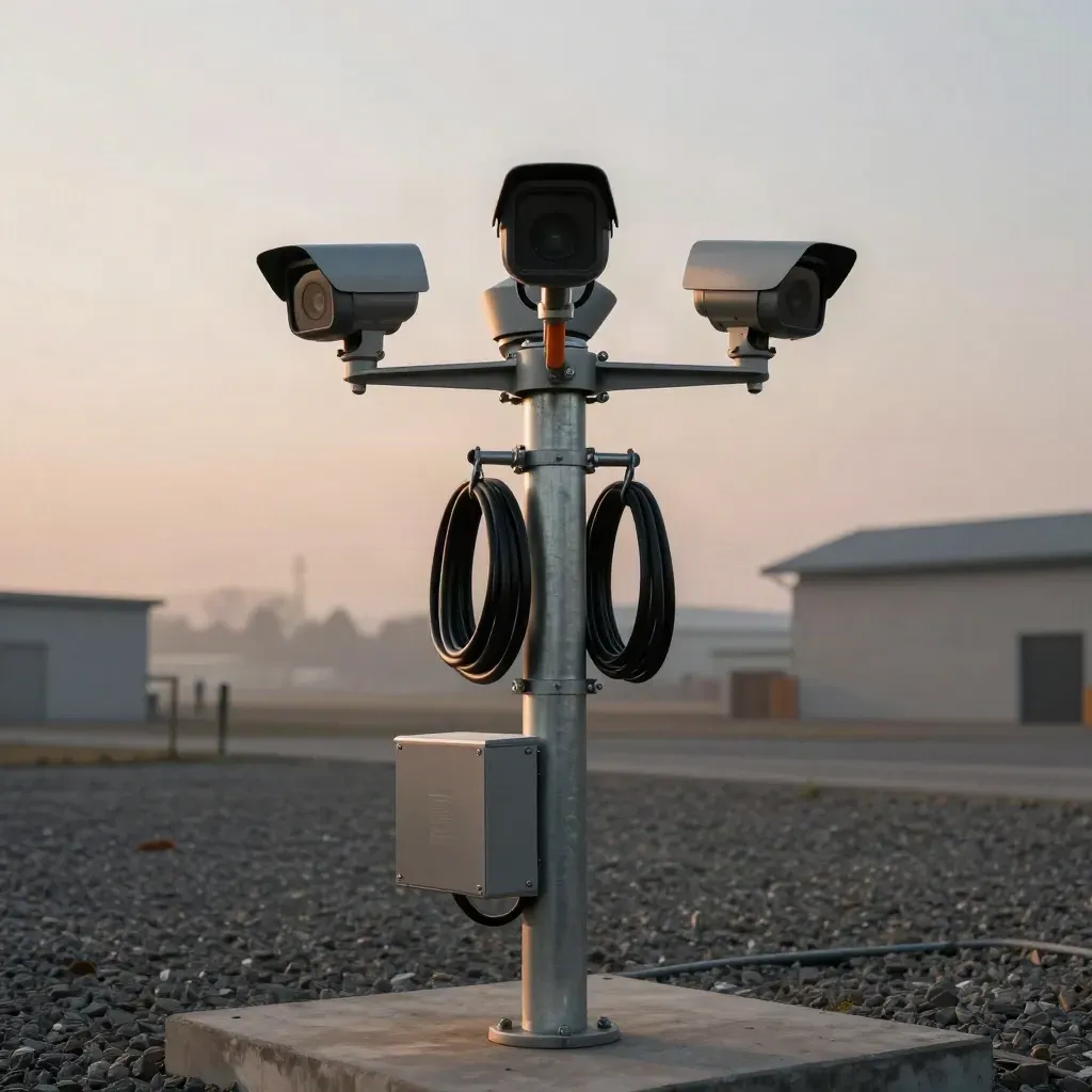 Three CCTV dome cameras on a mast above an empty yard at dawn