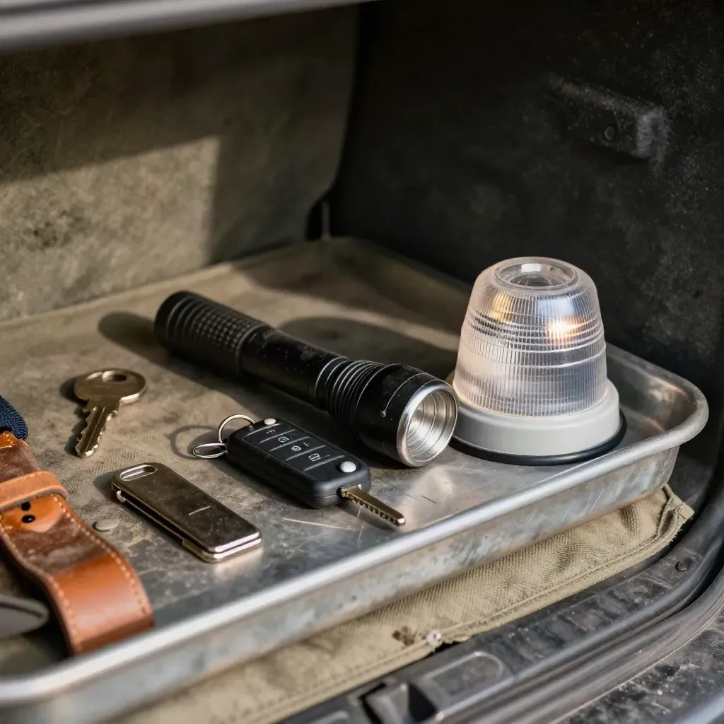 Patrol torch, key fob, checkpoint clip and beacon cap on a worn tray in a service van.