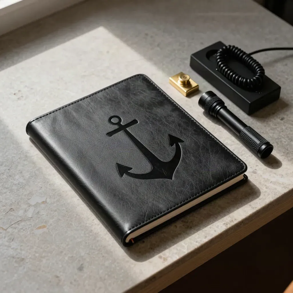 Top-down site review kit: black binder, brass stamp, torch and radio dock on stone.