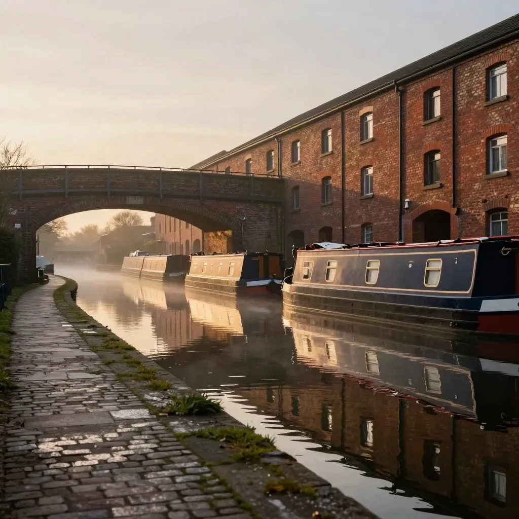 Golden-hour Midlands canal with brick viaducts, warehouses, and calm reflective water