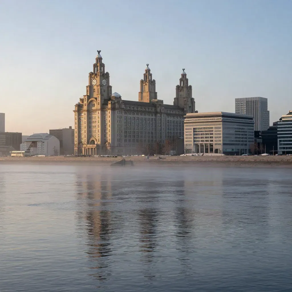 Liverpool waterfront and the Three Graces above a calm Mersey at blue hour.