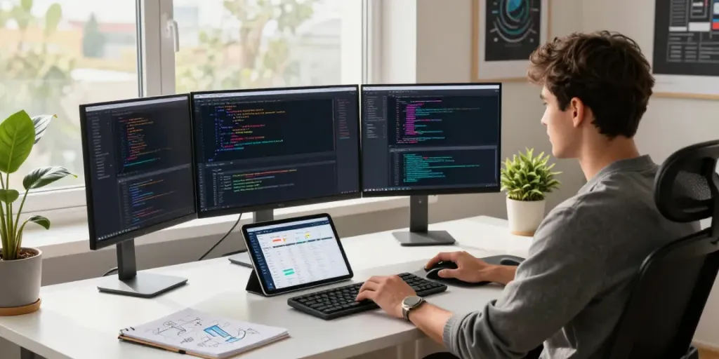 Developer working at a modern workspace with tools and screens at https://piteas.trade.